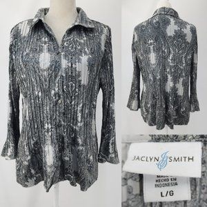 Jaclyn Smith Womens Large Gray Paisley Pleat Ruffle Satin Poly Bell Sleeve Top